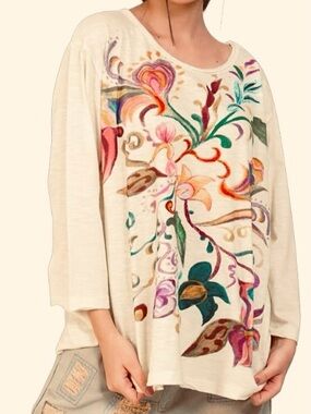 Cream Floral Embroidered Long-Sleeve Top